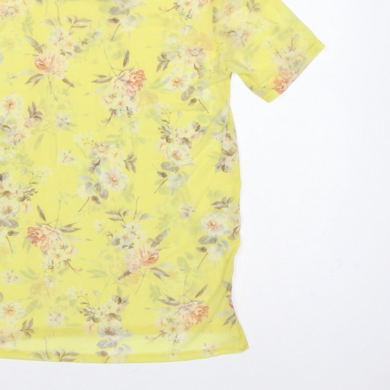 New Look Women Yellow Floral Sheer Chiffon Blouse UK 6 Short Sleeve