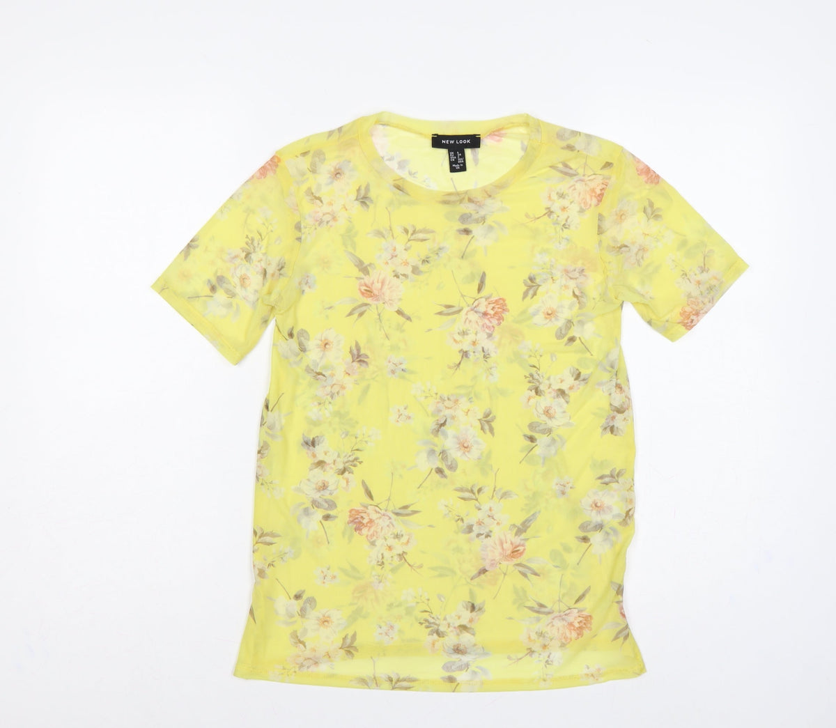 New Look Women Yellow Floral Sheer Chiffon Blouse UK 6 Short Sleeve