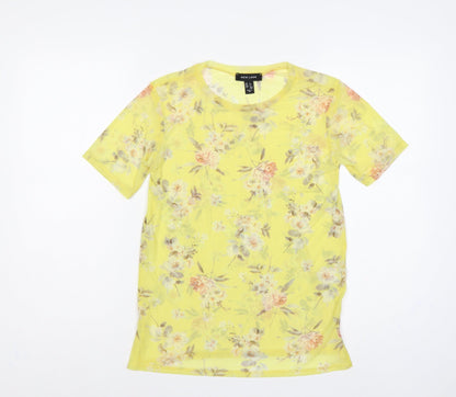 New Look Women Yellow Floral Sheer Chiffon Blouse UK 6 Short Sleeve