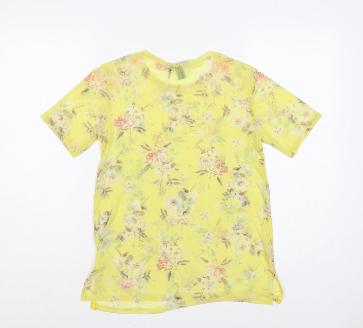 New Look Women Yellow Floral Sheer Chiffon Blouse UK 6 Short Sleeve