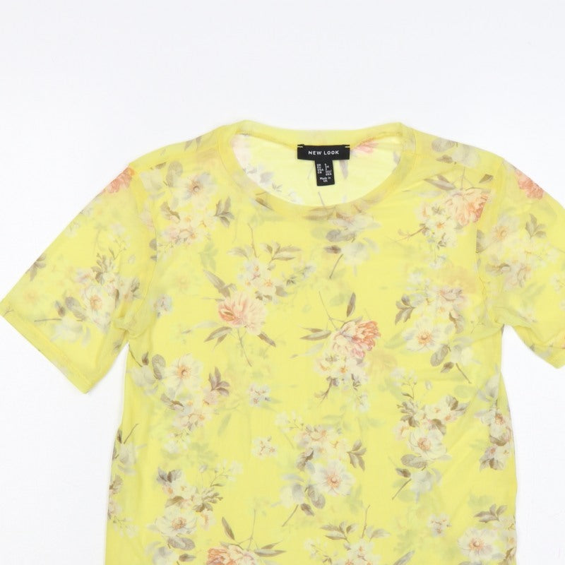New Look Women Yellow Floral Sheer Chiffon Blouse UK 6 Short Sleeve