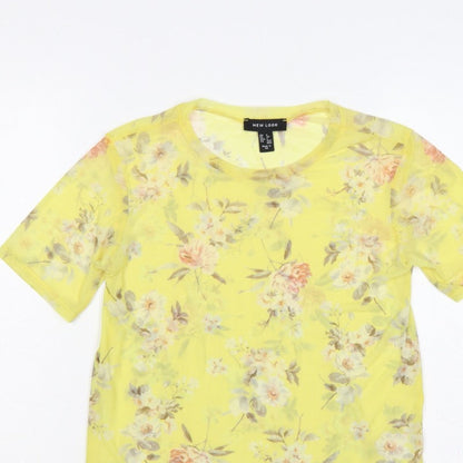 New Look Women Yellow Floral Sheer Chiffon Blouse UK 6 Short Sleeve