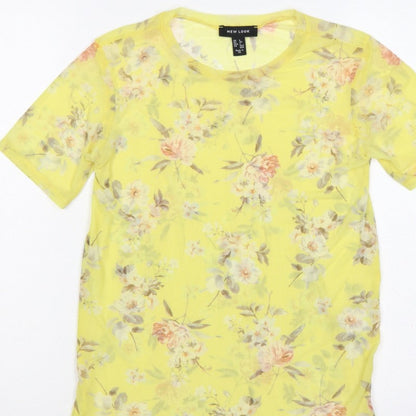 New Look Women Yellow Floral Sheer Chiffon Blouse UK 6 Short Sleeve