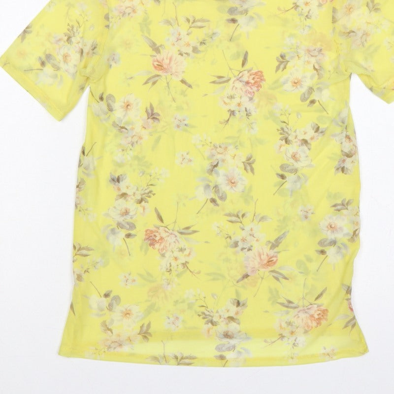 New Look Women Yellow Floral Sheer Chiffon Blouse UK 6 Short Sleeve