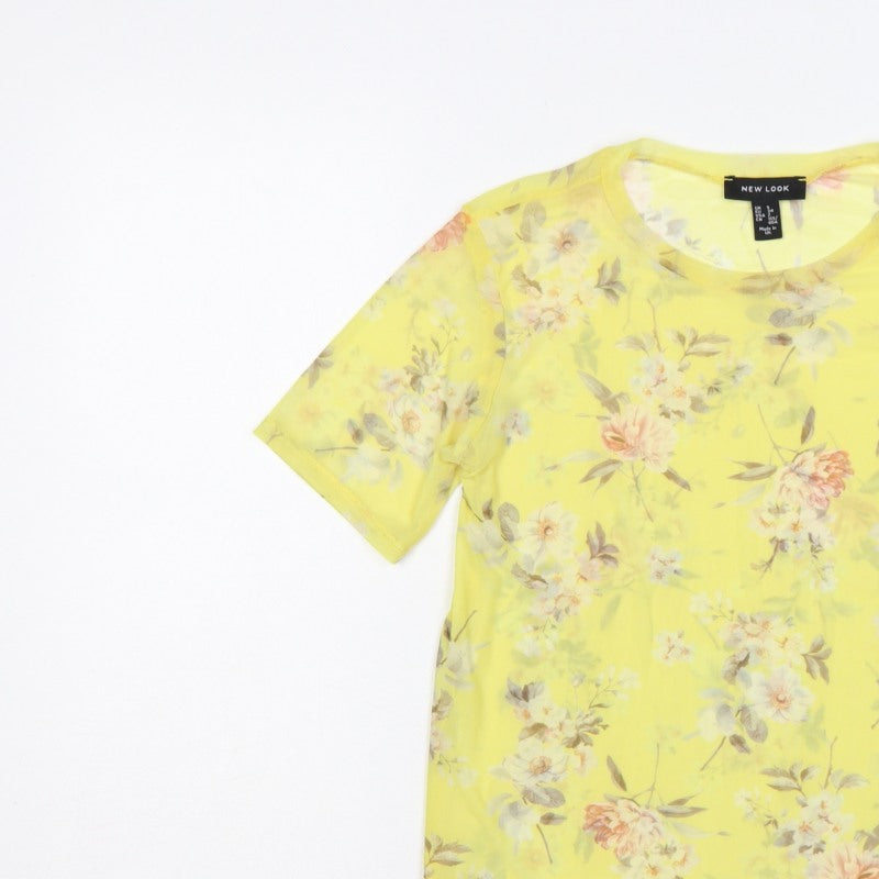 New Look Women Yellow Floral Sheer Chiffon Blouse UK 6 Short Sleeve