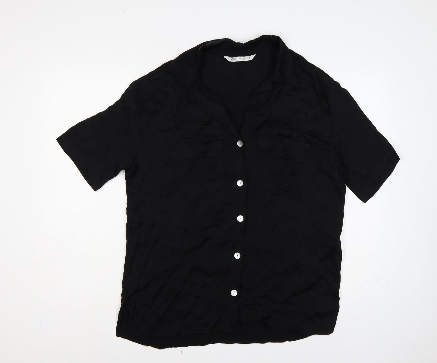 Zara Women Black L Viscose Short Sleeve Collared Button-Up Blouse