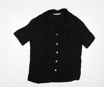 Zara Women Black L Viscose Short Sleeve Collared Button-Up Blouse