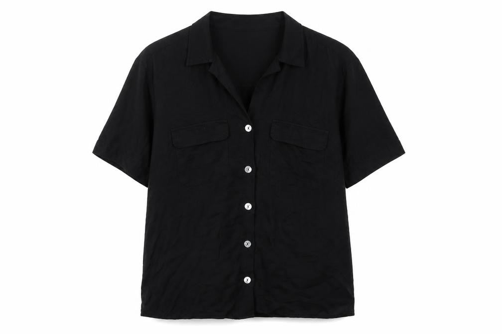 Zara Women Black L Viscose Short Sleeve Collared Button-Up Blouse