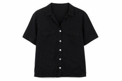 Zara Women Black L Viscose Short Sleeve Collared Button-Up Blouse