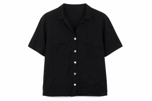 Zara Women Black L Viscose Short Sleeve Collared Button-Up Blouse