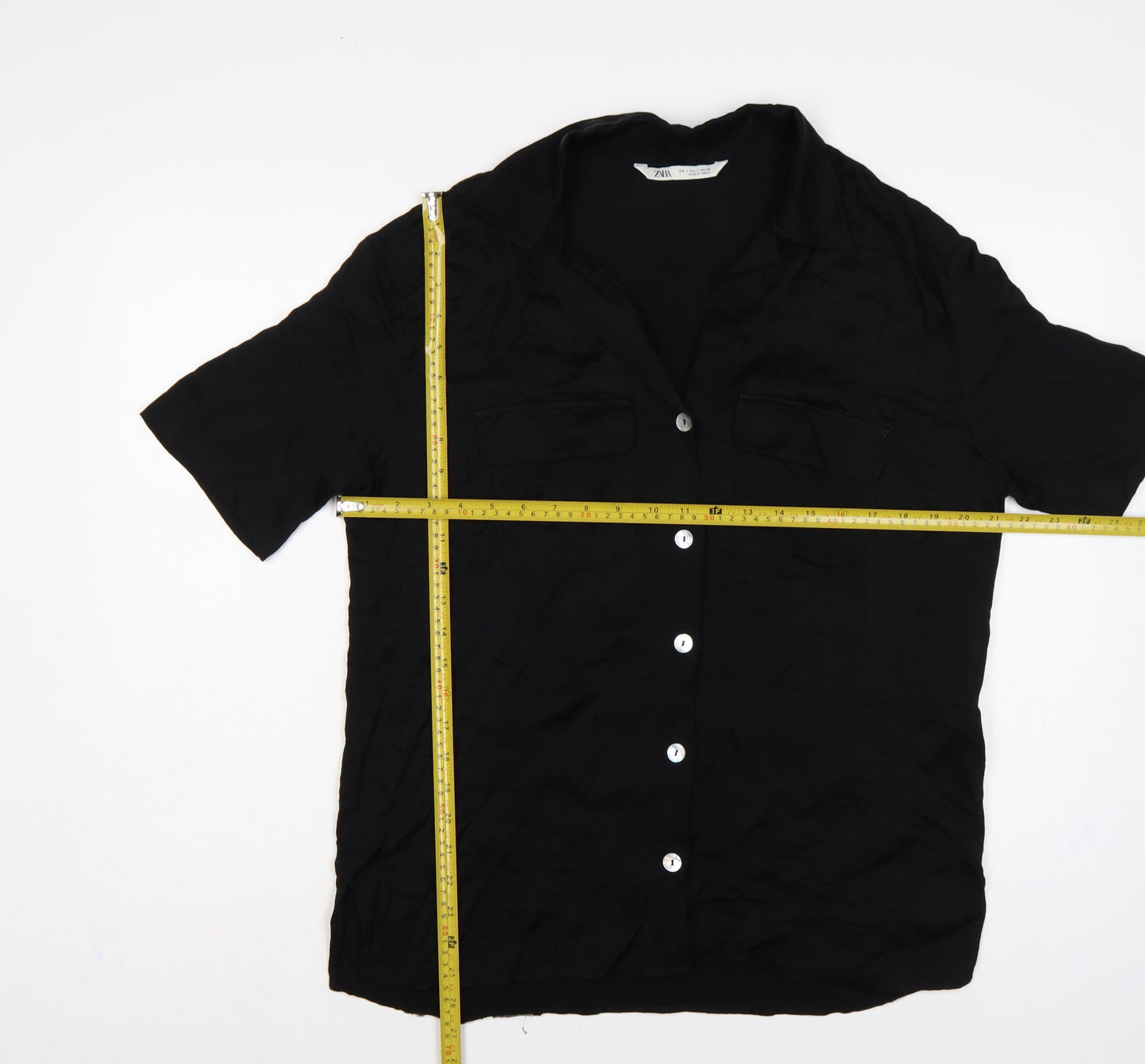 Zara Women Black L Viscose Short Sleeve Collared Button-Up Blouse