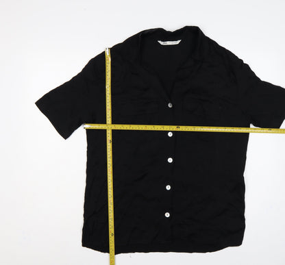 Zara Women Black L Viscose Short Sleeve Collared Button-Up Blouse