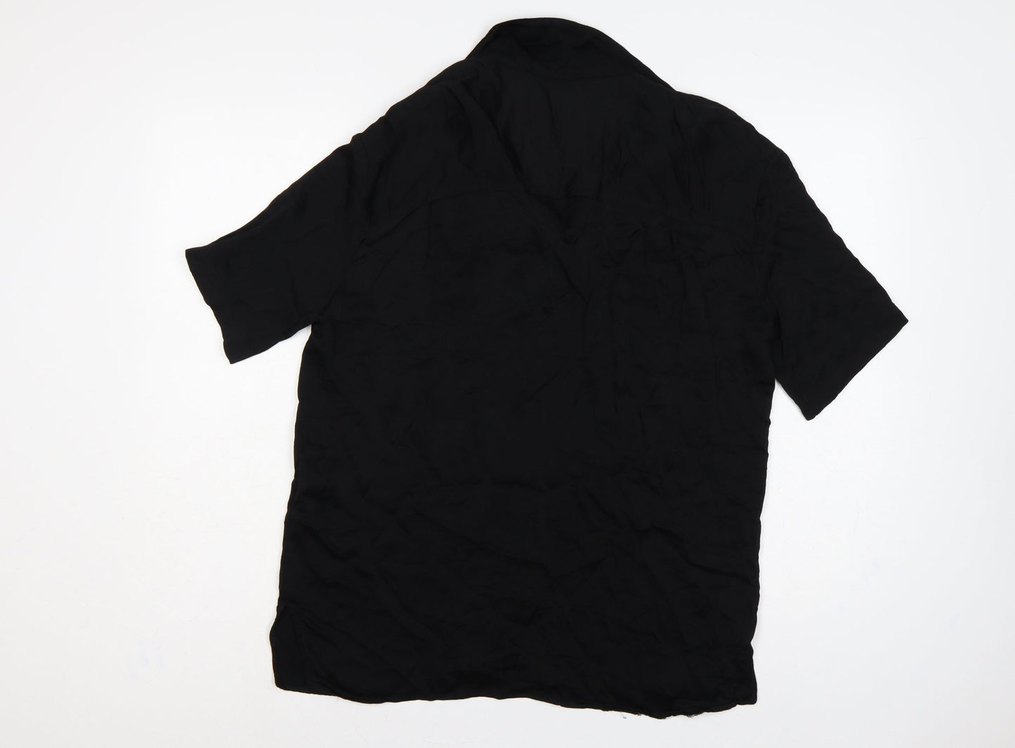 Zara Women Black L Viscose Short Sleeve Collared Button-Up Blouse