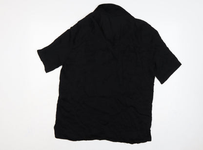 Zara Women Black L Viscose Short Sleeve Collared Button-Up Blouse