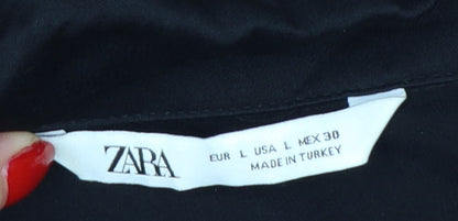 Zara Women Black L Viscose Short Sleeve Collared Button-Up Blouse