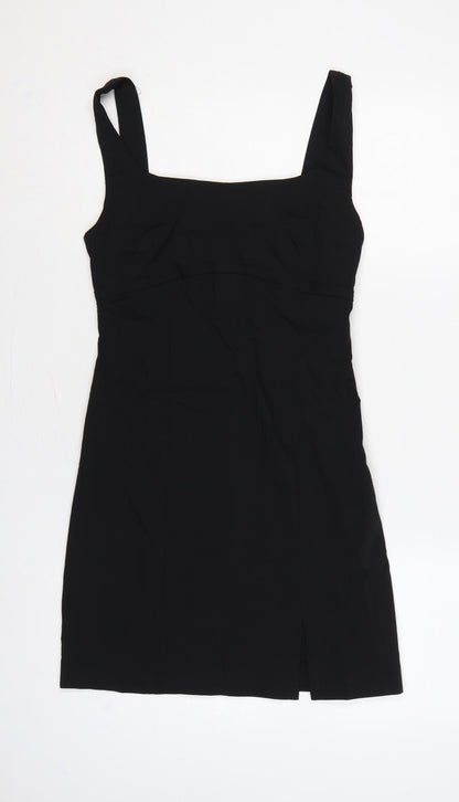 Mango Women Black UK 8 Long Sheath Square Neck Side Slit Dress