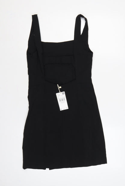 Mango Women Black UK 8 Long Sheath Square Neck Side Slit Dress