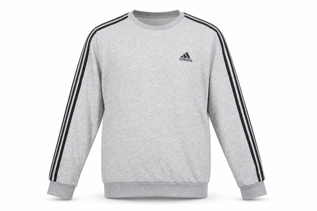 Adidas Men’s Grey M Crew Neck 3 Stripe Logo Pullover Sweatshirt