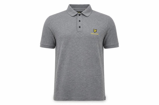 Front view of Lyle & Scott men’s grey logo short sleeve polo shirt, size L