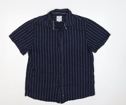 Larsson & Co Men Blue XL Striped Cotton Short Sleeve Button-Up Shirt