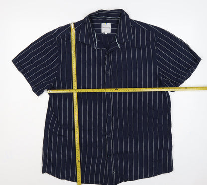 Larsson & Co Men Blue XL Striped Cotton Short Sleeve Button-Up Shirt