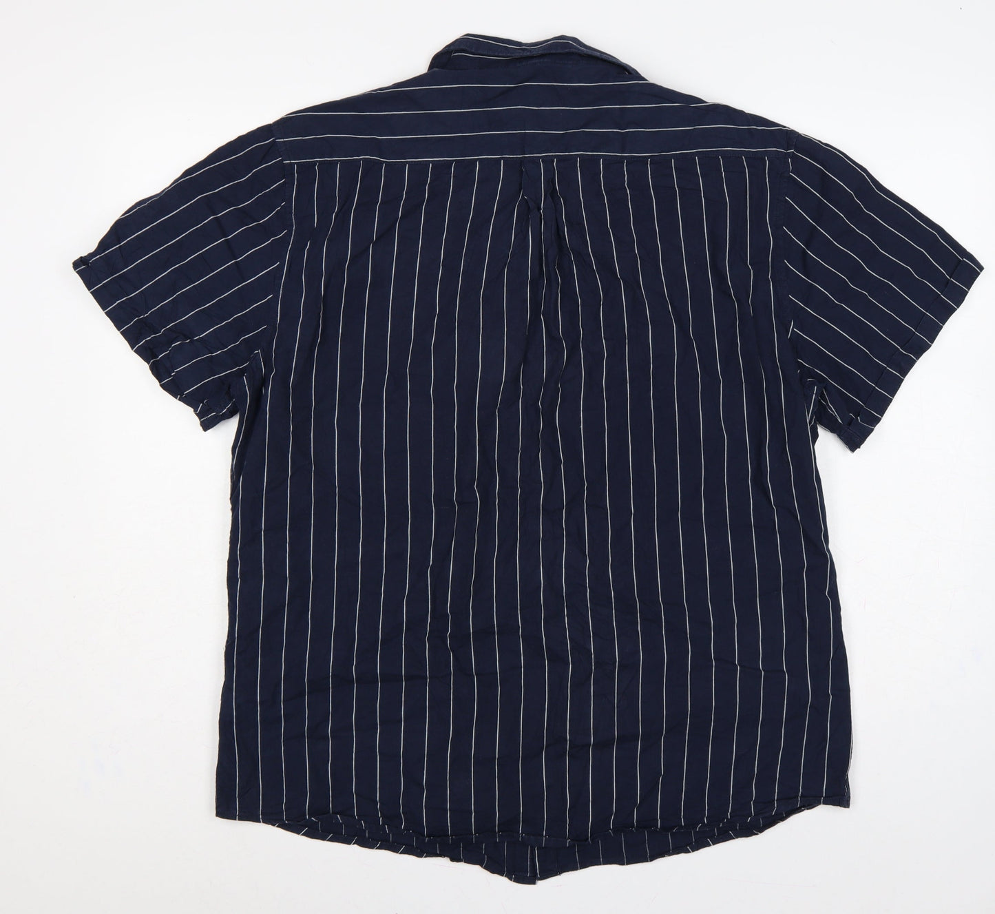Larsson & Co Men Blue XL Striped Cotton Short Sleeve Button-Up Shirt
