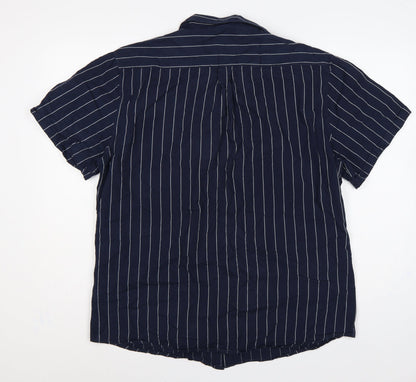 Larsson & Co Men Blue XL Striped Cotton Short Sleeve Button-Up Shirt