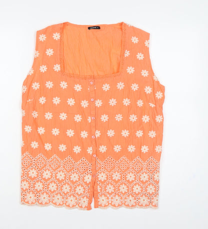 Additional front view of Roman Women Orange, size 12, Floral Embroidered Cotton Sleeveless Blouse