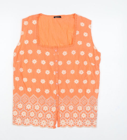 Additional front view of Roman Women Orange, size 12, Floral Embroidered Cotton Sleeveless Blouse