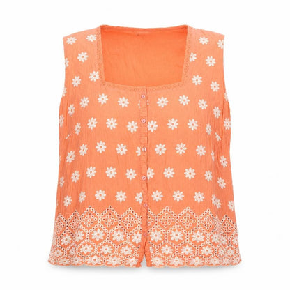 Front view of Roman Women Orange, size 12, Floral Embroidered Cotton Sleeveless Blouse