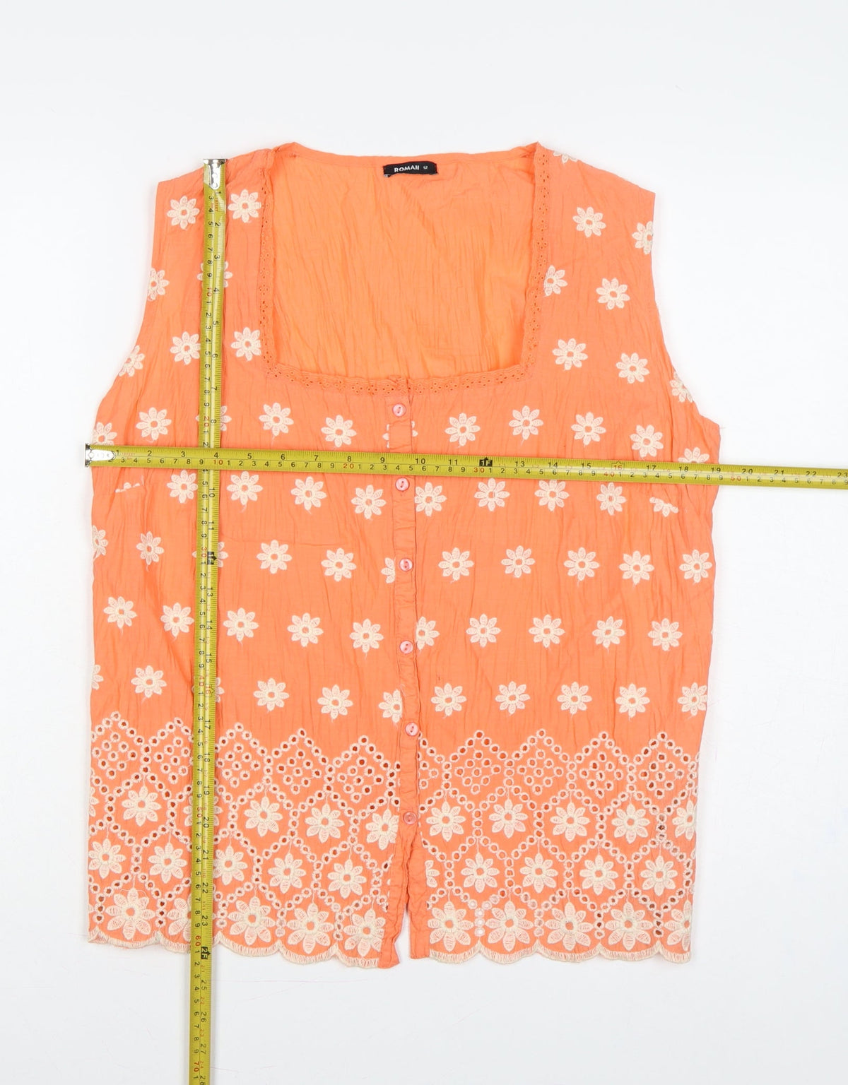 Back view of Roman Women Orange, size 12, Floral Embroidered Cotton Sleeveless Blouse