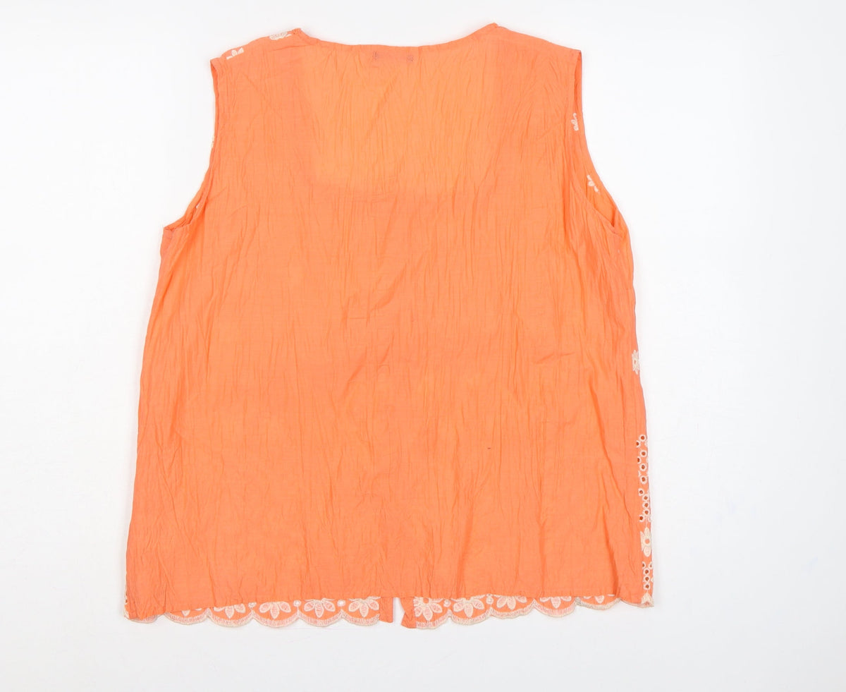 Close-up detail of Roman Women Orange, size 12, Floral Embroidered Cotton Sleeveless Blouse