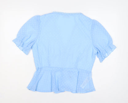 Quiz Women Blue UK 14 Polka Dot Ruffle Tie V-Neck Chiffon Blouse