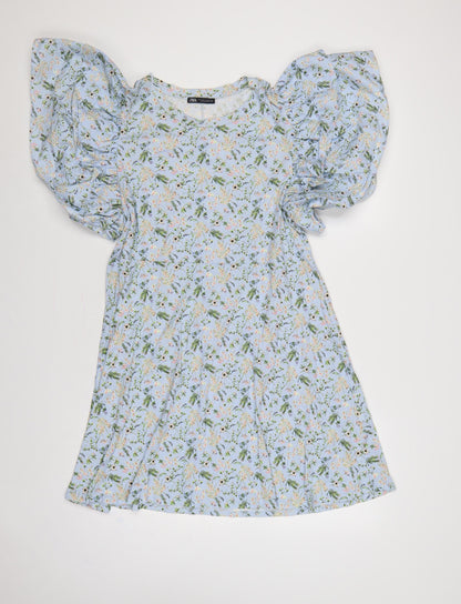 Zara Women Blue Floral Fit & Flare Puff Sleeve Short Dress L