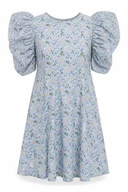 Zara Women Blue Floral Fit & Flare Puff Sleeve Short Dress L