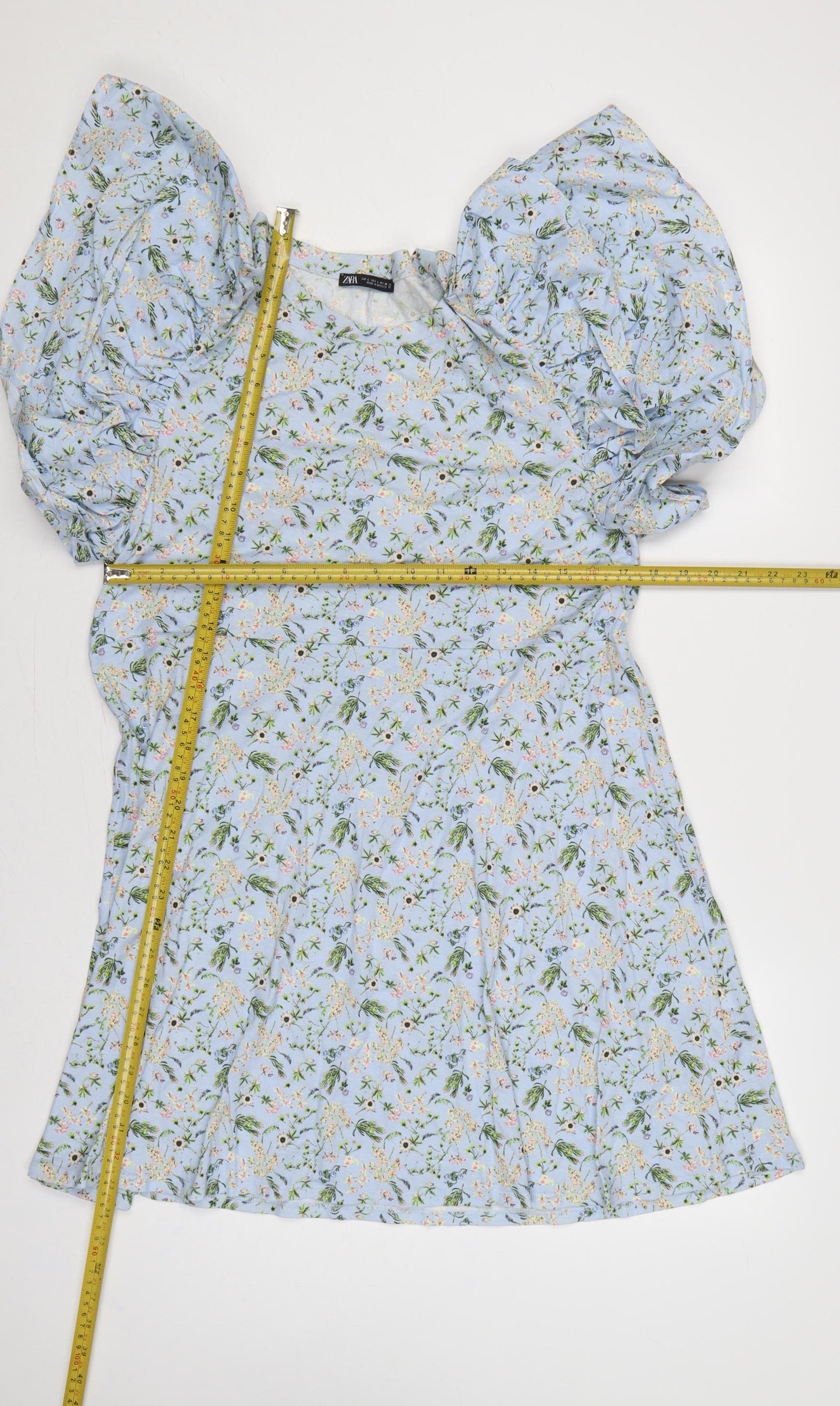 Zara Women Blue Floral Fit & Flare Puff Sleeve Short Dress L