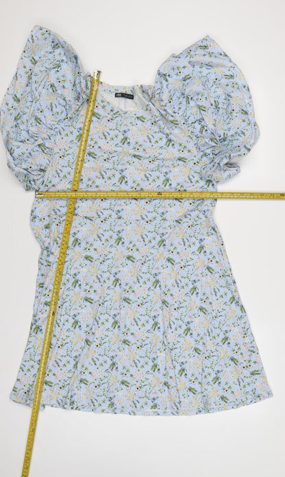 Zara Women Blue Floral Fit & Flare Puff Sleeve Short Dress L