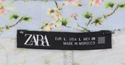 Zara Women Blue Floral Fit & Flare Puff Sleeve Short Dress L