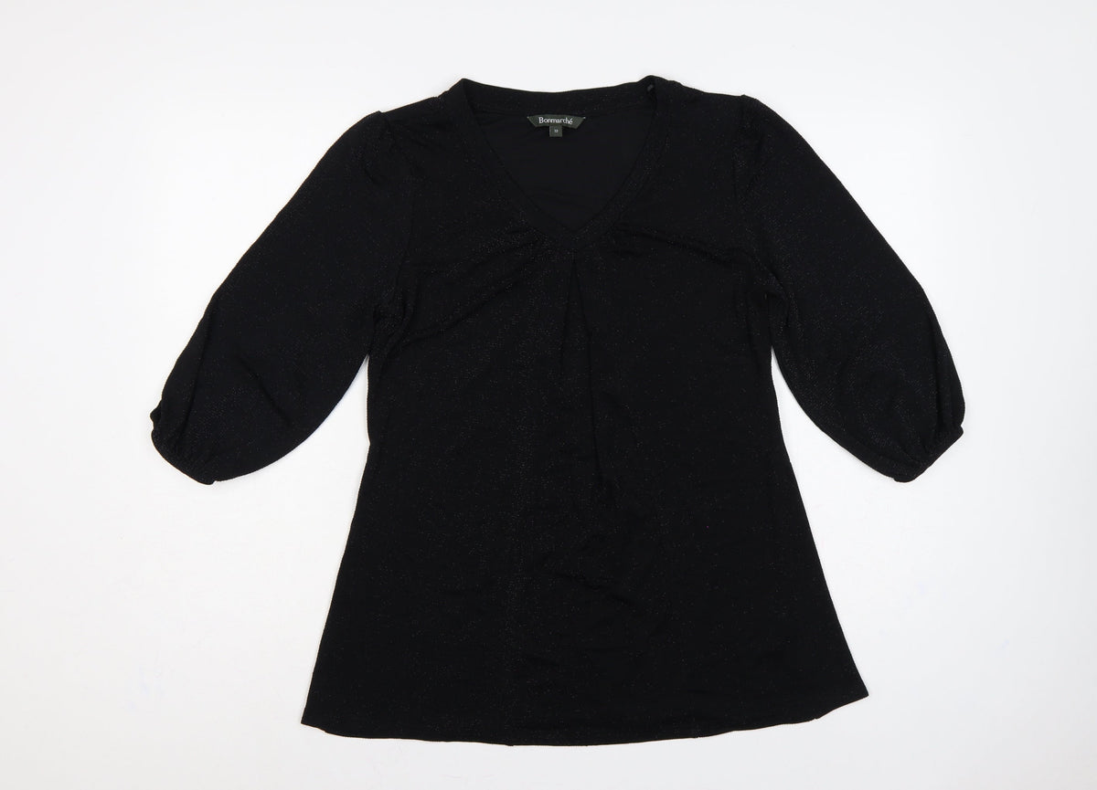 Bonmarché Women’s Black Glitter V-Neck Balloon Sleeve Blouse Size 12