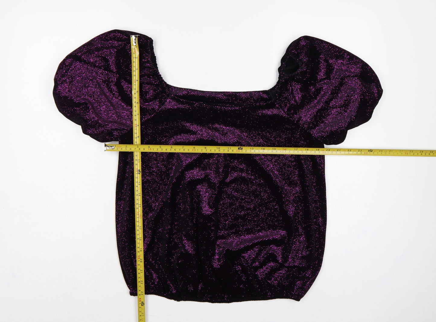 M&Co Women's Purple UK 14 Glitter Puff Sleeve Square Neck Blouse