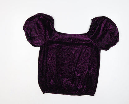 M&Co Women's Purple UK 14 Glitter Puff Sleeve Square Neck Blouse