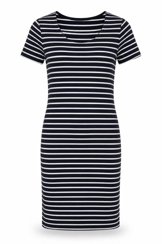 Front view of Crew Clothing Women's Blue White Striped UK 12 Bodycon Midi Dress
