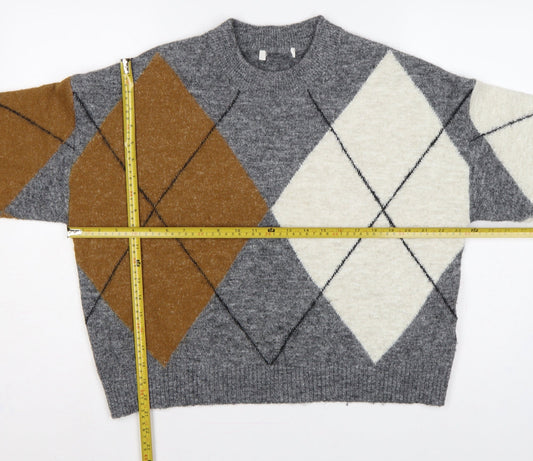 Marks & Spencer Women Grey Argyle Knit Jumper M Long Sleeve