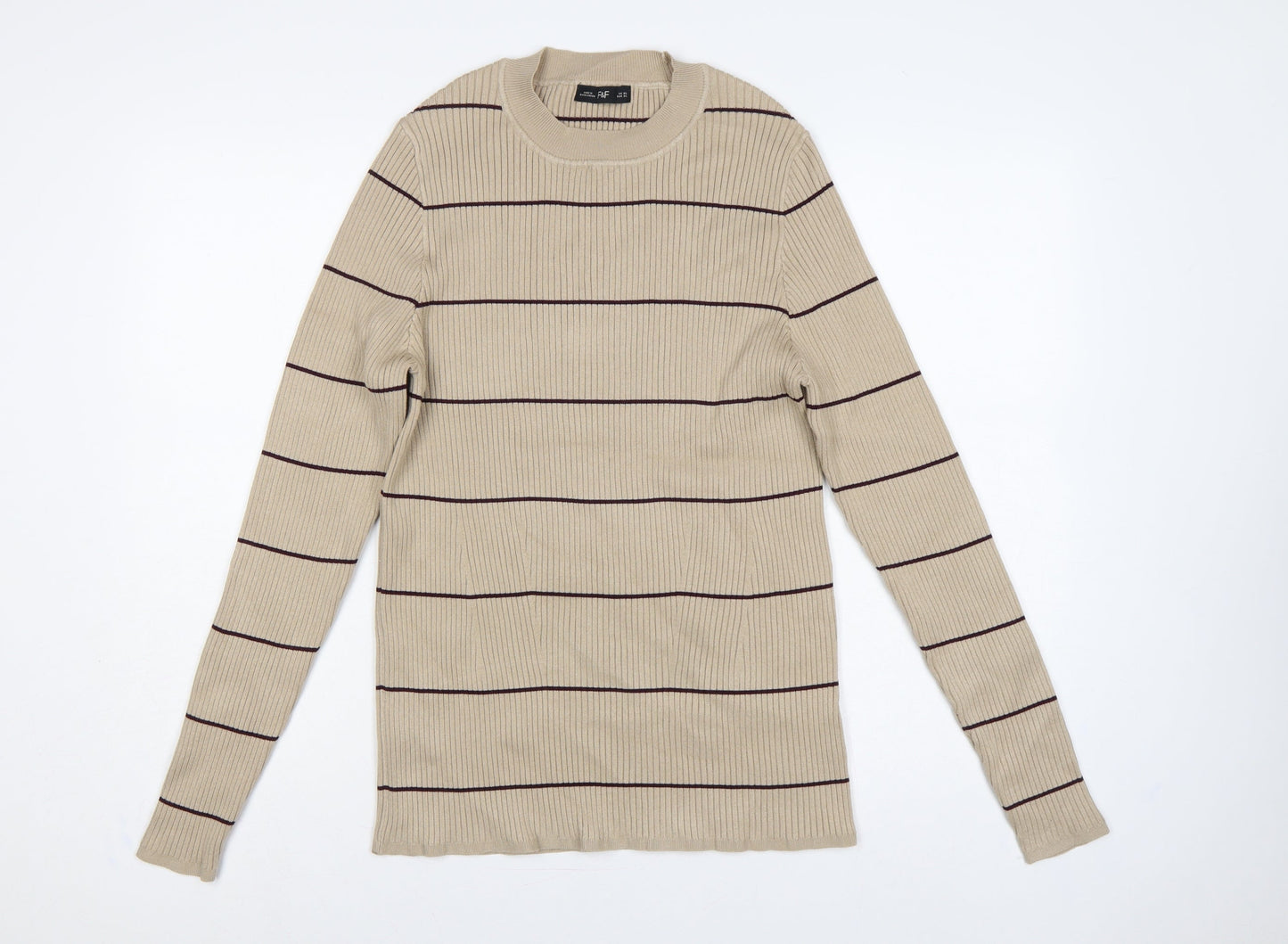 F&F Women’s Beige Brown Striped Rib Knit Mock Neck Jumper XL