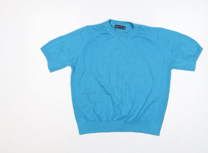 Marks & Spencer Women Blue UK 14 Cotton Short Sleeve Crew Neck Pullover