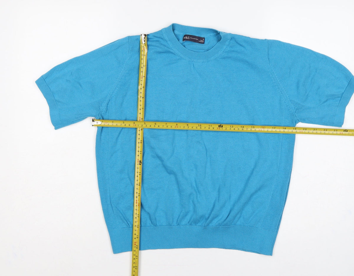 Marks & Spencer Women Blue UK 14 Cotton Short Sleeve Crew Neck Pullover
