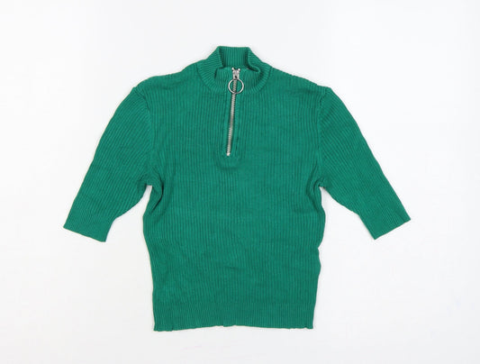 Bershka Women Green XS Ribbed 1/2 Zip High Neck Jumper