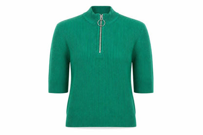 Bershka Women Green XS Ribbed 1/2 Zip High Neck Jumper