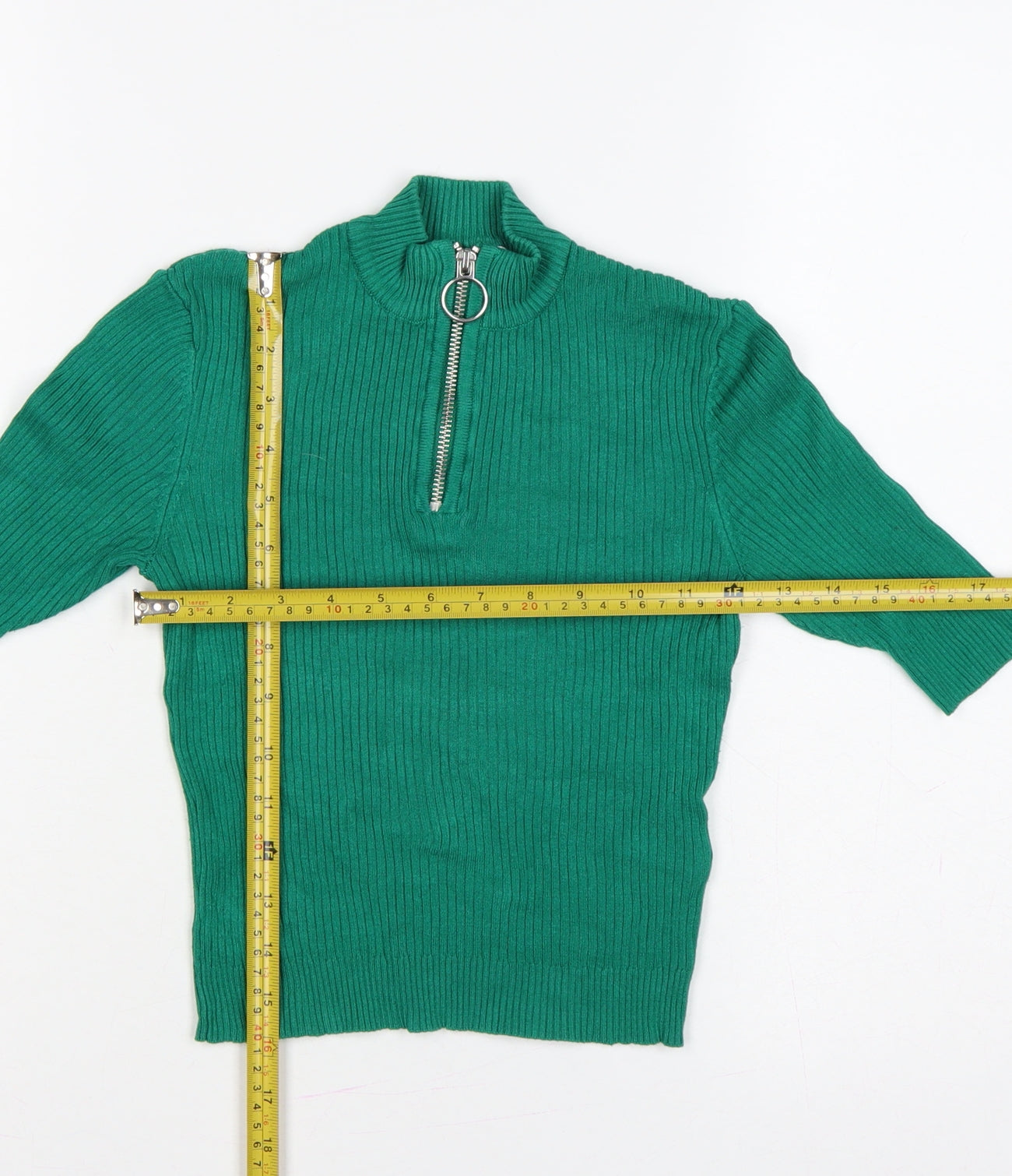 Bershka Women Green XS Ribbed 1/2 Zip High Neck Jumper