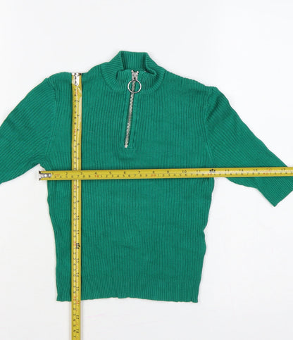 Bershka Women Green XS Ribbed 1/2 Zip High Neck Jumper